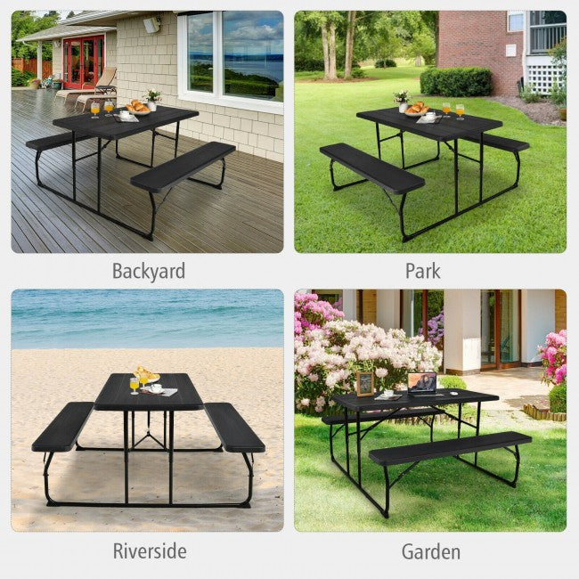 Outdoor Camping Picnic Table Bench Set Dining Set with Metal Base