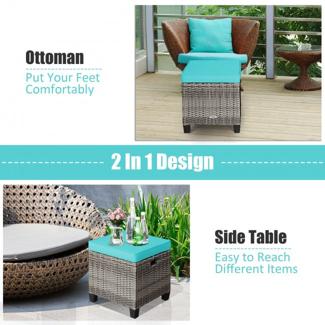 2 Pieces Patio Rattan Ottomans Seat Outdoor Footstool Footrest with Removable Cushions