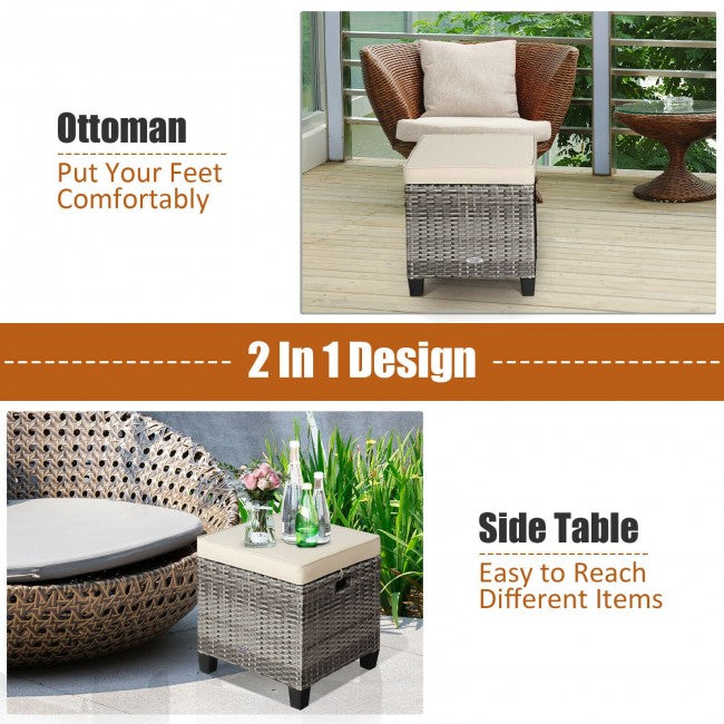 2 Pieces Patio Rattan Ottomans Seat Outdoor Footstool Footrest with Removable Cushions