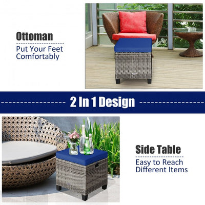2 Pieces Patio Rattan Ottomans Seat Outdoor Footstool Footrest with Removable Cushions