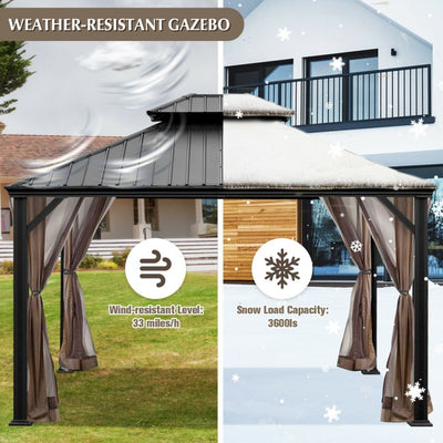 12' x 10' Outdoor Hardtop Gazebo Patio Galvanized Steel Pergolas Canopy Pavilion with Double Roof and Netting
