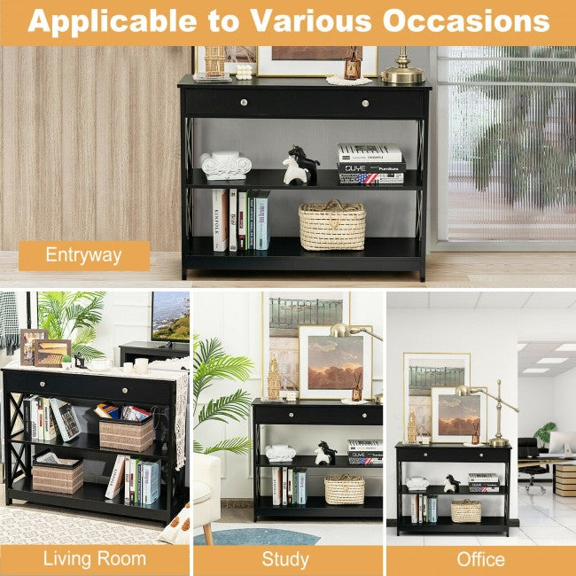3-Tier Side Console Table Entryway Table Narrow Accent Table with Drawer and Storage Shelves