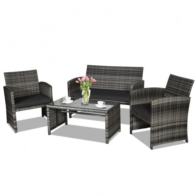 4 Pieces Patio Rattan Furniture Set Outdoor Wicker loveseat with Soft Cushion and Glass Table