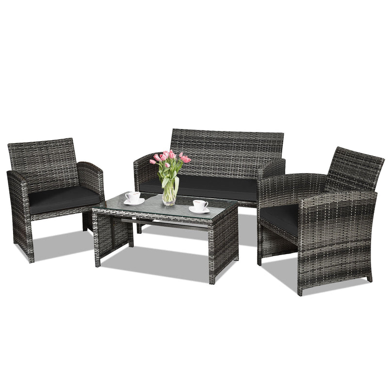 4 Pieces Patio Rattan Furniture Set with Glass Table and Loveseat