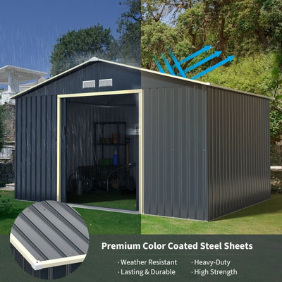11' x 8' Outdoor Steel Storage Shed Building Organizer Patio Garden Tool House with 2 Lockable Sliding Doors and 4 Vents