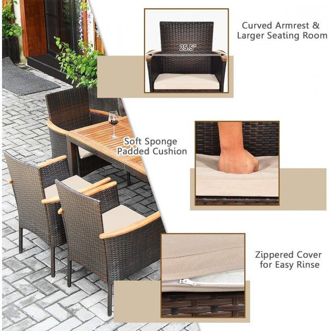 7 Pieces Outdoor Patio Acacia Wood Dining Furniture Set Conversation Set with Cushions