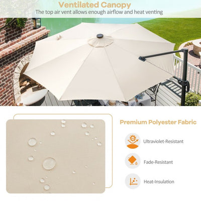 10ft Patio Cantilever Umbrella Outdoor Hanging Offset Umbrella with Solar LED Lights and 360-Degree Rotation