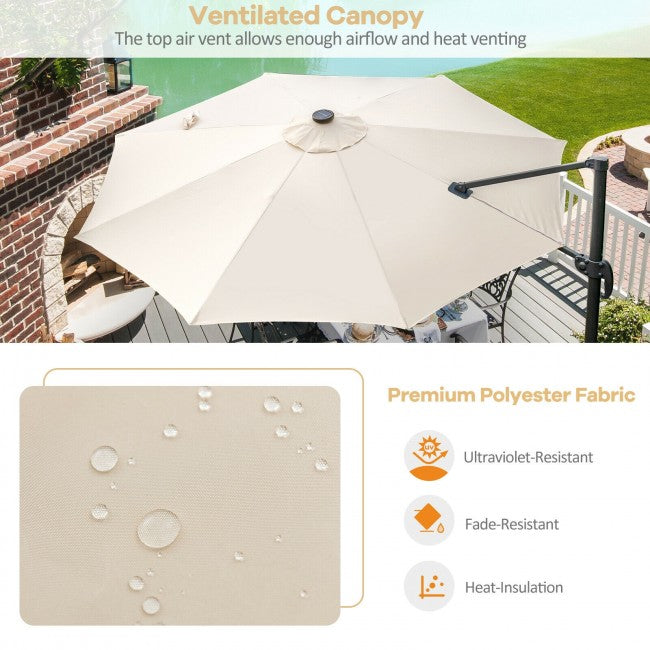 10ft Patio Cantilever Umbrella Outdoor Hanging Offset Umbrella with Solar LED Lights and 360-Degree Rotation