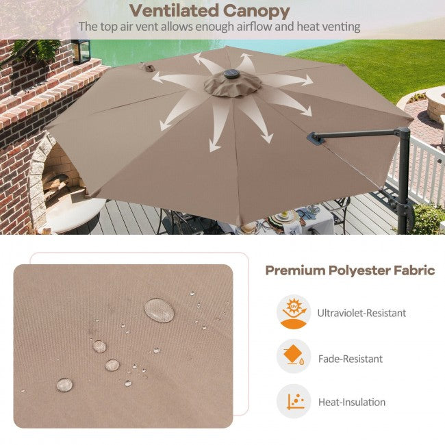 10ft Patio Cantilever Umbrella Outdoor Hanging Offset Umbrella with Solar LED Lights and 360-Degree Rotation