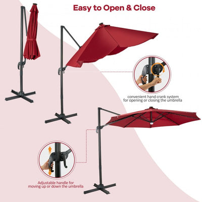 10ft Patio Cantilever Umbrella Outdoor Hanging Offset Umbrella with Solar LED Lights and 360-Degree Rotation
