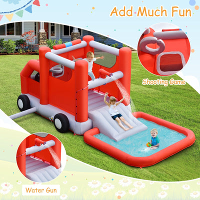 Fire Truck Themed Inflatable Castle Water Park Kids Bounce House w/ 480W Blower