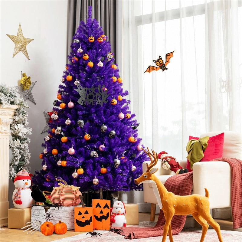 7 FT Artificial Prelit Purple Halloween Tree with Orange Lights &amp; Pumpkin Ornaments