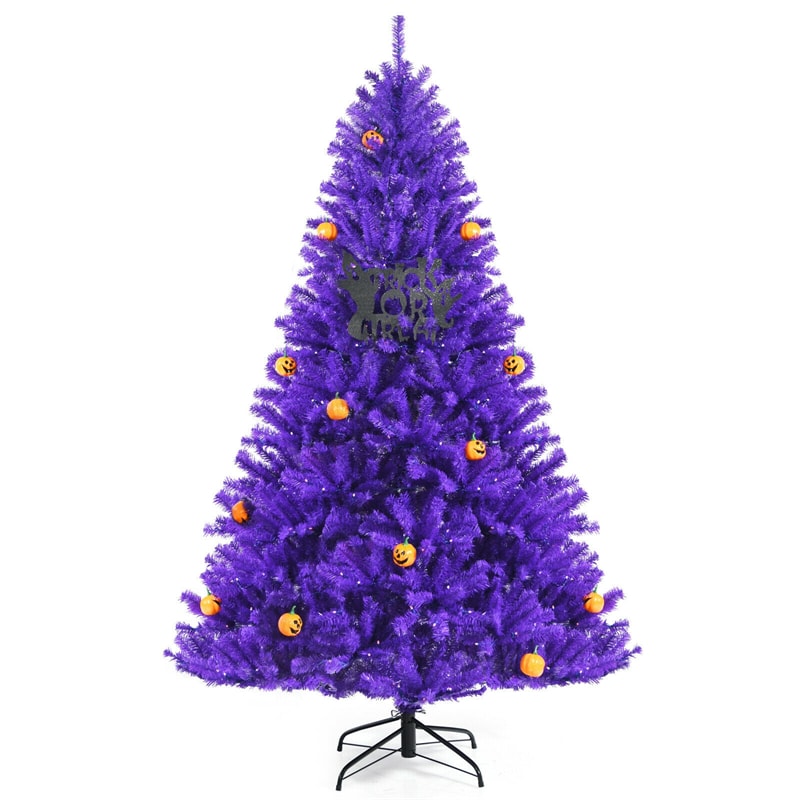 7 FT Artificial Prelit Purple Halloween Tree with Orange Lights &amp; Pumpkin Ornaments