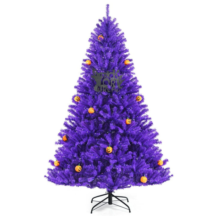 7 FT Artificial Prelit Purple Halloween Tree with Orange Lights &amp; Pumpkin Ornaments