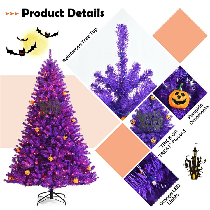 7 FT Artificial Prelit Purple Halloween Tree with Orange Lights &amp; Pumpkin Ornaments