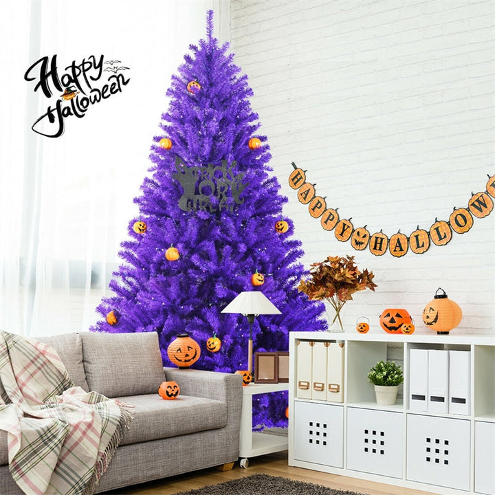 7 FT Artificial Prelit Purple Halloween Tree with Orange Lights &amp; Pumpkin Ornaments
