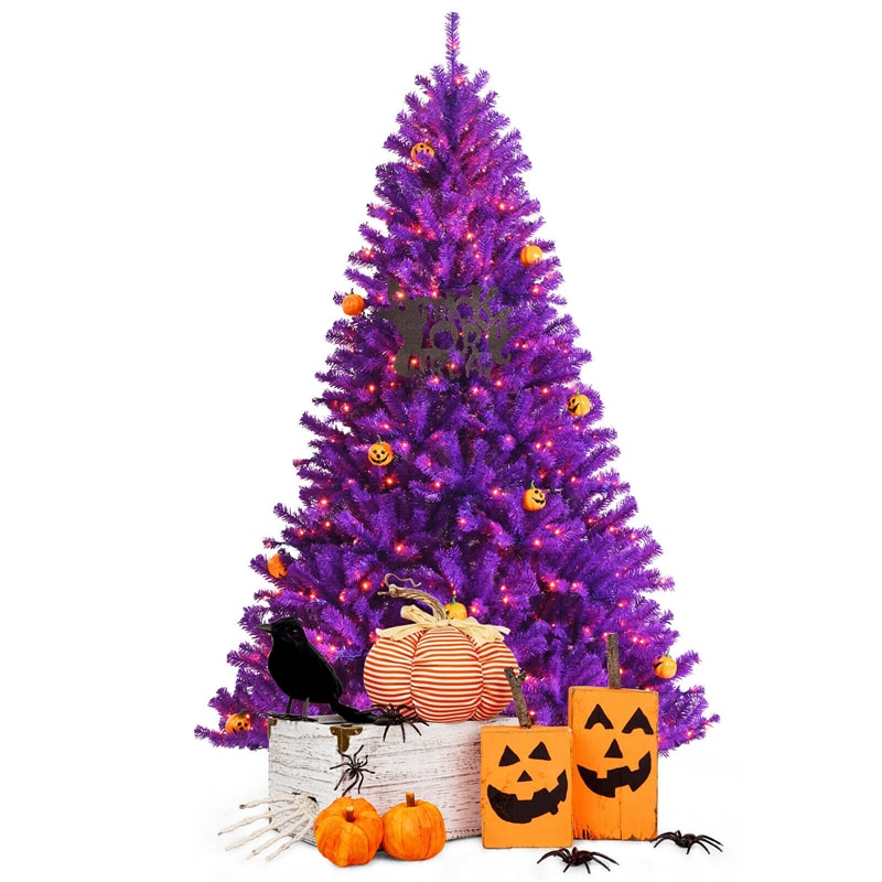 7 FT Artificial Prelit Purple Halloween Tree with Orange Lights &amp; Pumpkin Ornaments