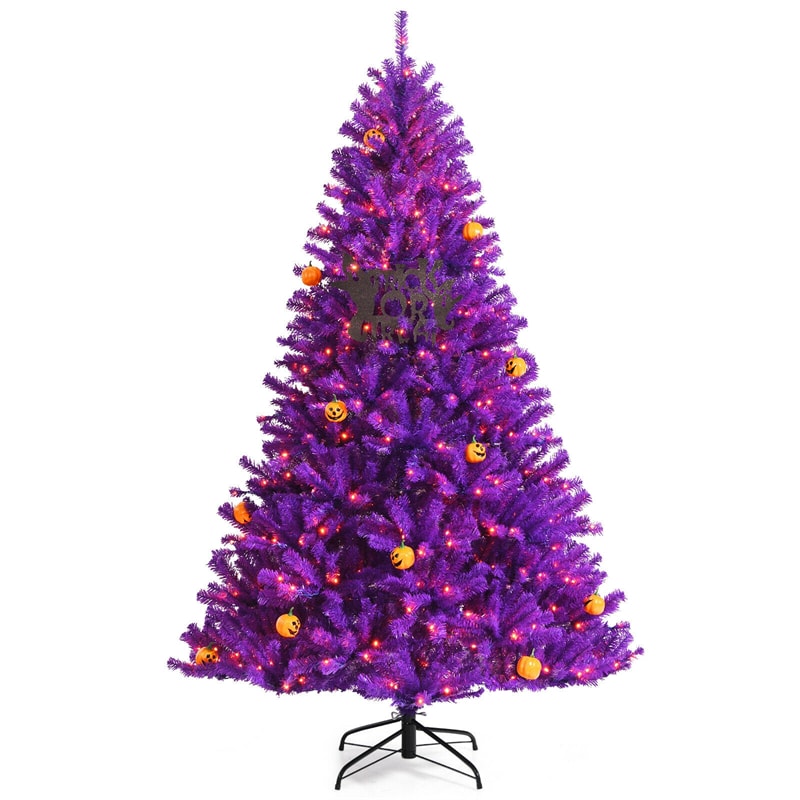 7 FT Artificial Prelit Purple Halloween Tree with Orange Lights &amp; Pumpkin Ornaments