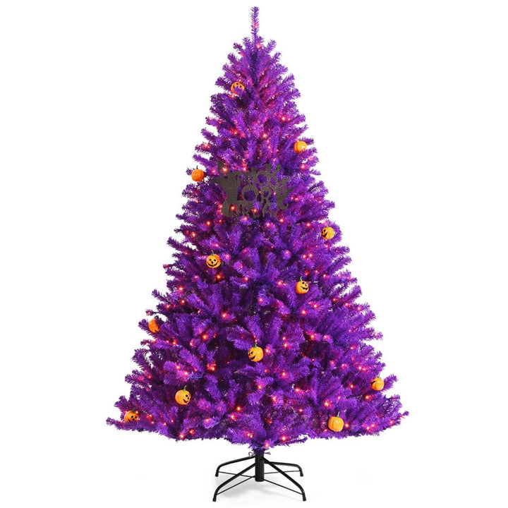 7 FT Artificial Prelit Purple Halloween Tree with Orange Lights &amp; Pumpkin Ornaments