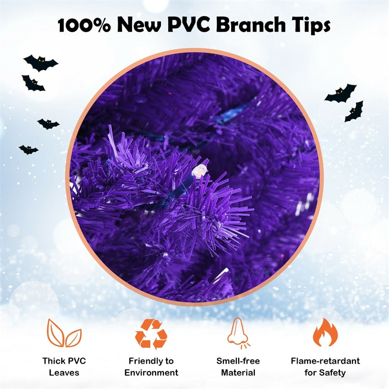 7 FT Artificial Prelit Purple Halloween Tree with Orange Lights &amp; Pumpkin Ornaments