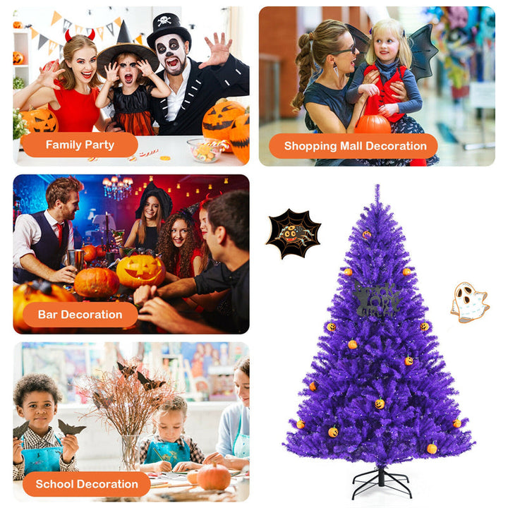 7 FT Artificial Prelit Purple Halloween Tree with Orange Lights &amp; Pumpkin Ornaments