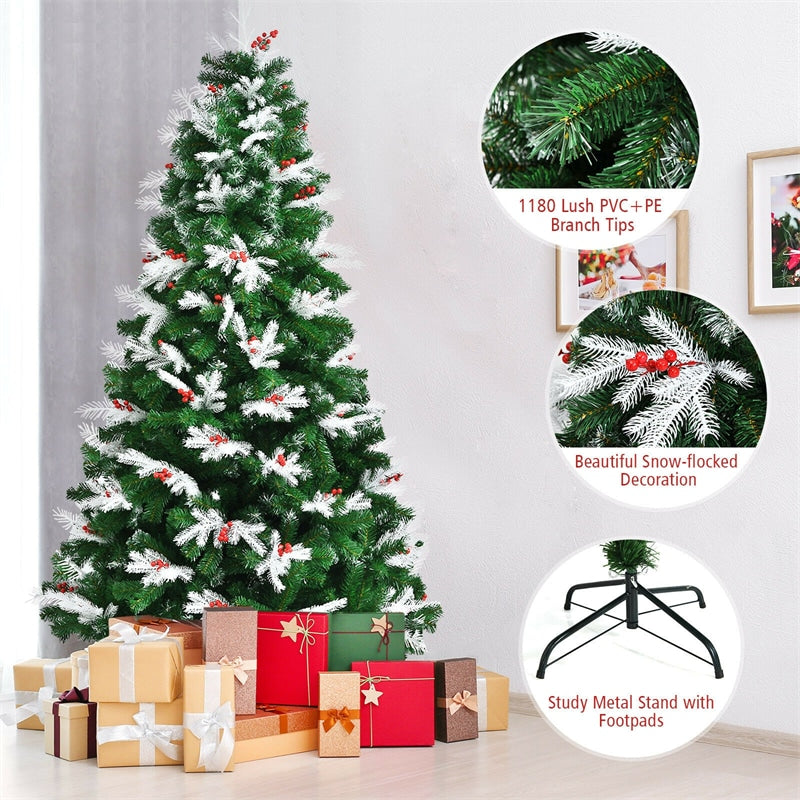 7ft Unlit Snow Flocked Hinged Christmas Tree with Folding Metal Stand