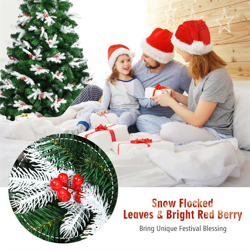 7ft Unlit Snow Flocked Hinged Christmas Tree with Folding Metal Stand