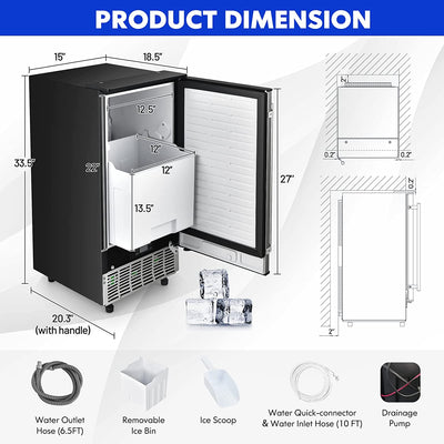 80Lbs/24H Commercial Built-in Lab Ice Maker Free-Standing Under Counter Ice Machine with LED Light and 24H Timer