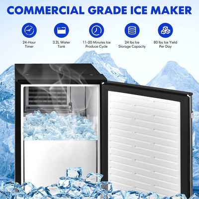 80Lbs/24H Commercial Built-in Lab Ice Maker Free-Standing Under Counter Ice Machine with LED Light and 24H Timer