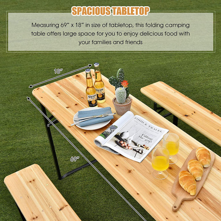 3 Pieces Outdoor Folding Table Bench Set Patio Portable Dining Table Set with Seating