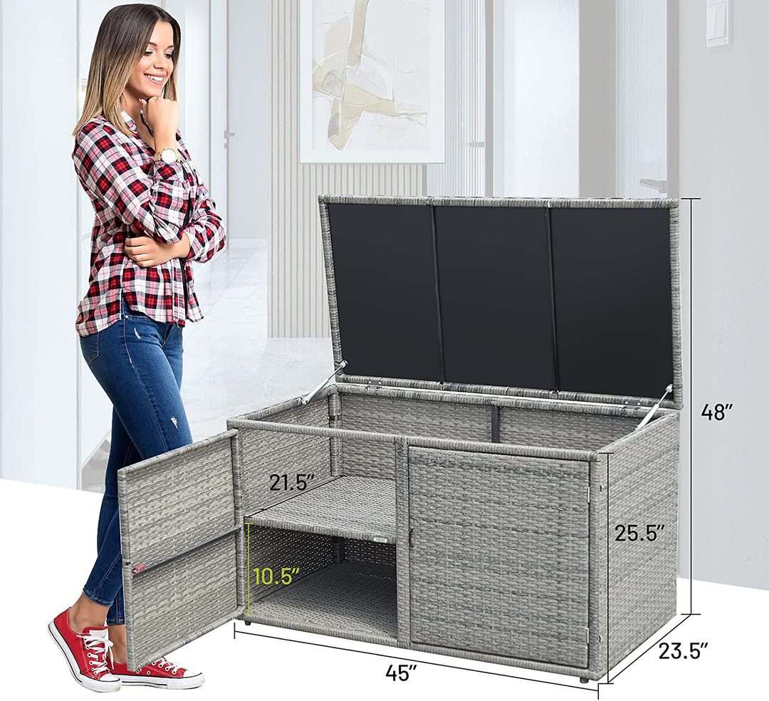 88 Gallon Patio Wicker Storage Box Rattan Deck Bench with Openable Door