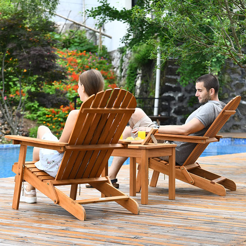 3 Pieces Foldable Wooden Adirondack Lounger Chair Set with Widened Armrest and Side Table