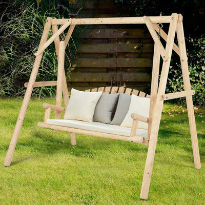 2 Person Outdoor Wooden Swing Chair Patio Porch Bench with A-Frame