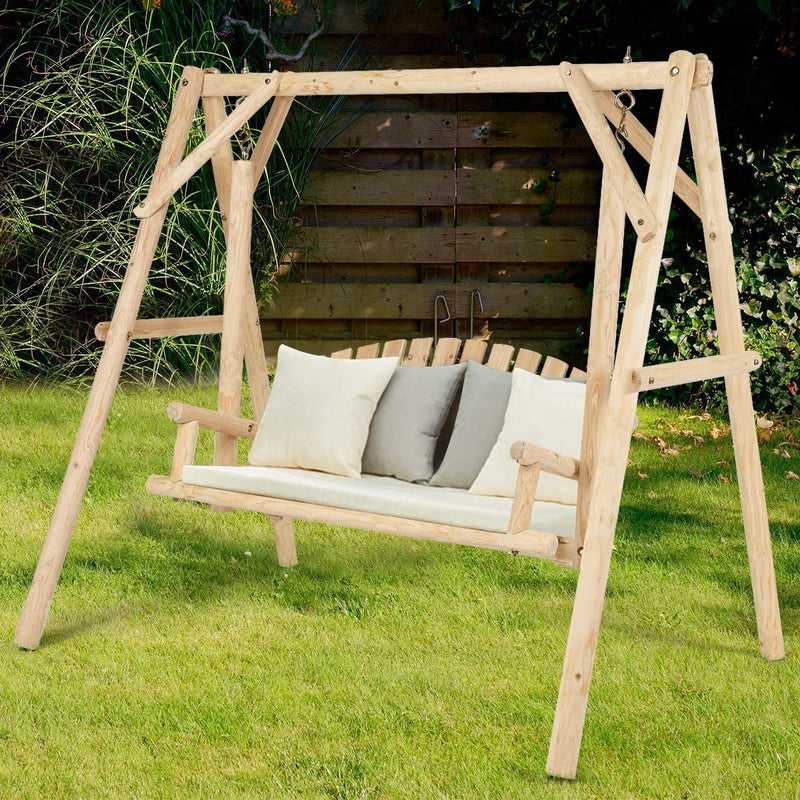 2 Person Outdoor Wooden Swing Chair Patio Porch Bench with A-Frame