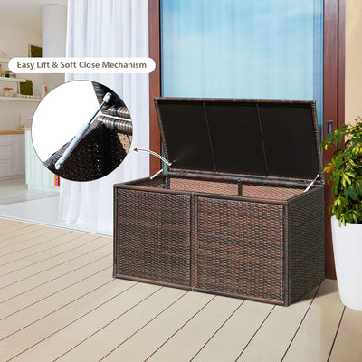 88 Gallon Patio Wicker Storage Box Rattan Deck Bench with Openable Door