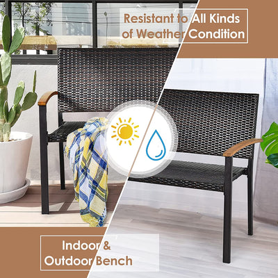 Outdoor Patio Rattan Bench All Weather Wicker Loveseat Chair with Acacia Wood Armrest
