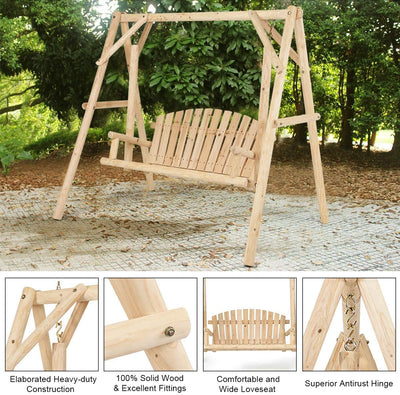 2 Person Outdoor Wooden Swing Chair Patio Porch Bench with A-Frame