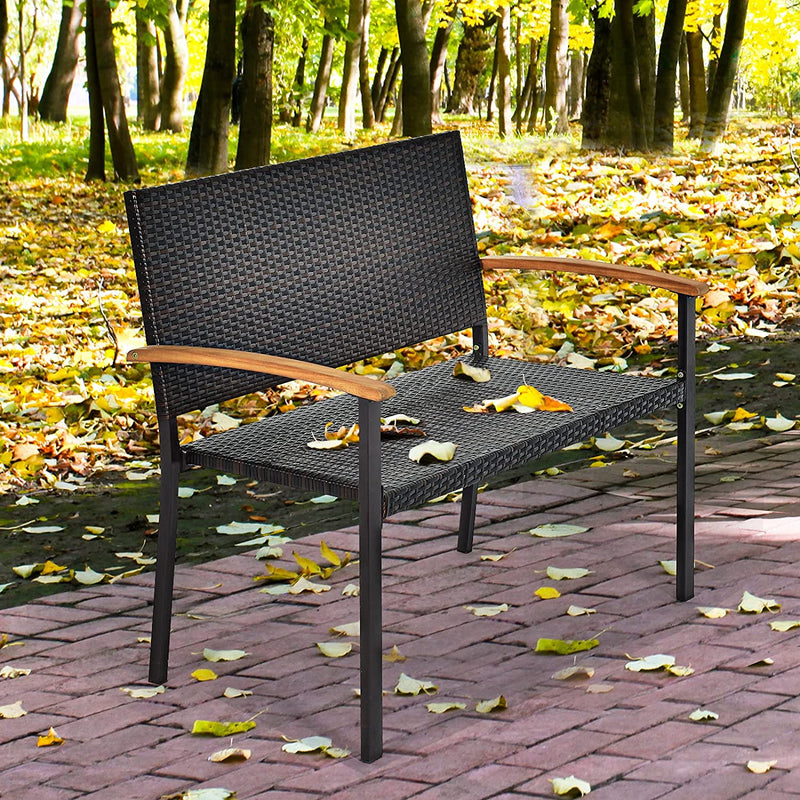 Outdoor Patio Rattan Bench All Weather Wicker Loveseat Chair with Acacia Wood Armrest