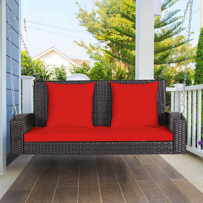 2-Person Patio Rattan Hanging Porch Swing Outdoor Wicker Swing Bench with Cushions