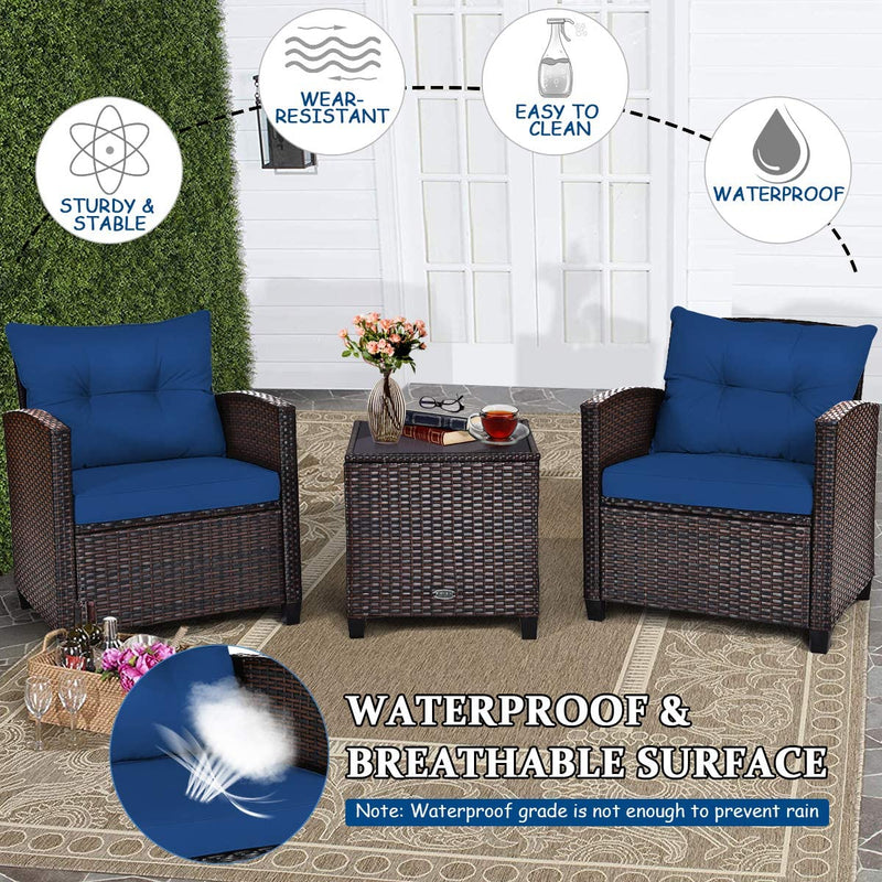 3 Pieces Rattan Patio Furniture Set Outdoor Conversation Bistro Set with Cushion and Coffee Table