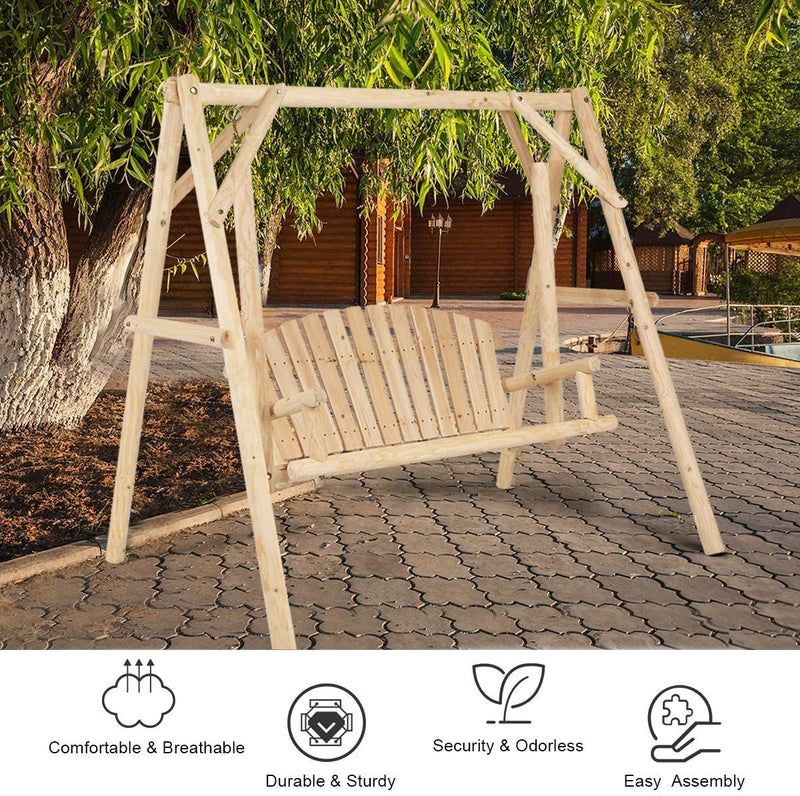 2 Person Outdoor Wooden Swing Chair Patio Porch Bench with A-Frame