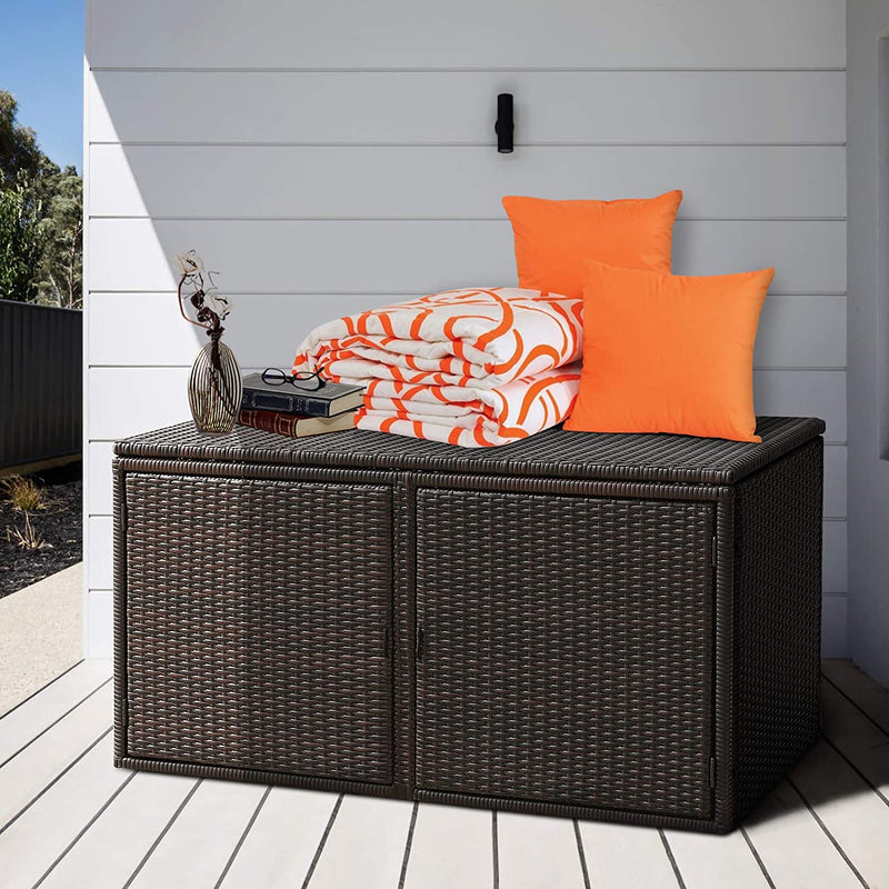 88 Gallon Patio Wicker Storage Box Rattan Deck Bench with Openable Door