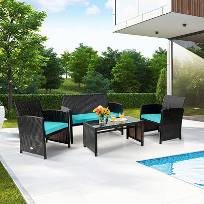 4 Pieces Patio Rattan Furniture Sets Outdoor Conversation Set Garden Bistro Sets with Cushion Table