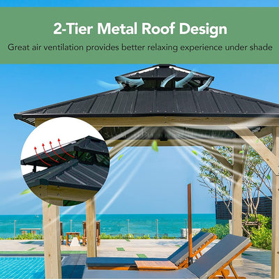 10 x 10 Feet Patio Pine Wood Hardtop Gazebo with Double Steel Roof for Outdoor