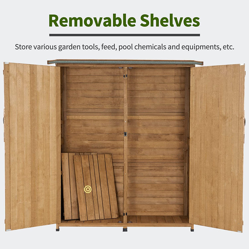 64 Inch Outdoor Solid Wooden Storage Shed Garden Tool Cabinet with Lockable Doors