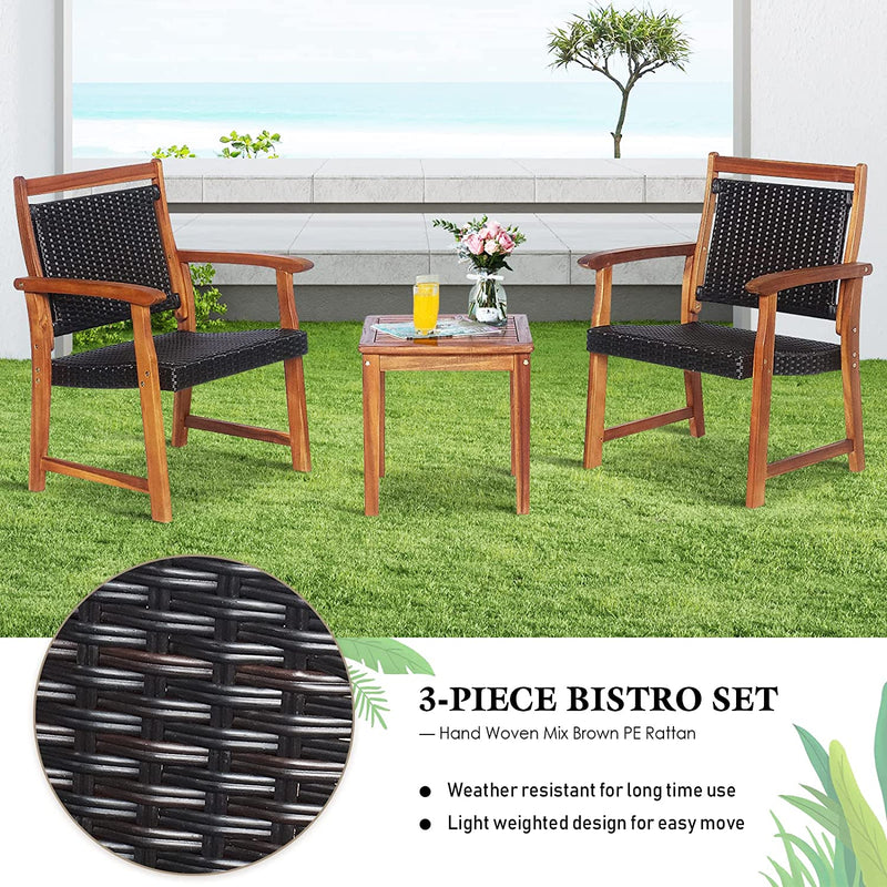 3 Pieces Patio Rattan Bistro Set Outdoor Conversation Furniture Set with 2 Chairs and 1 Side Table