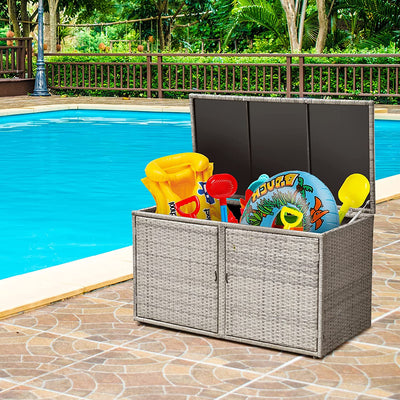 88 Gallon Patio Wicker Storage Box Rattan Deck Bench with Openable Door