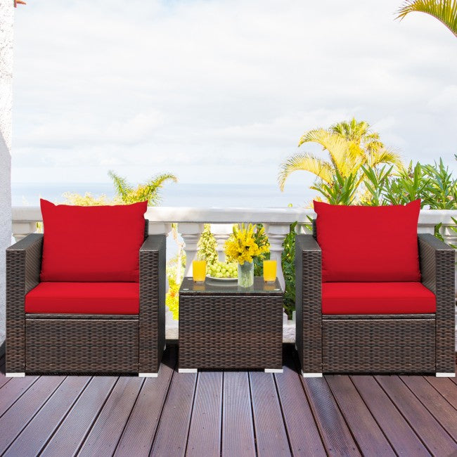3 Pieces Patio Rattan Furniture Set Conversation Sofa Set with Cushion
