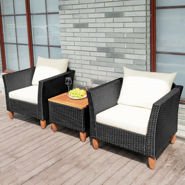 3 Pieces Outdoor Wicker Furniture Set Patio Conversation Sofa Set with Cushion and Table