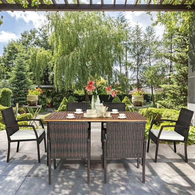 7 Pieces Outdoor Patio Rattan Dining Set Conversation Set with Soft Cushion and Umbrella Hole